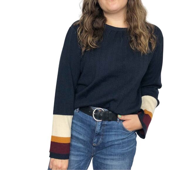CLICHÉ Navy Pleated Striped Wool Blend Sweater Colorblock Bell Sleeve Size Small - Picture 1 of 13